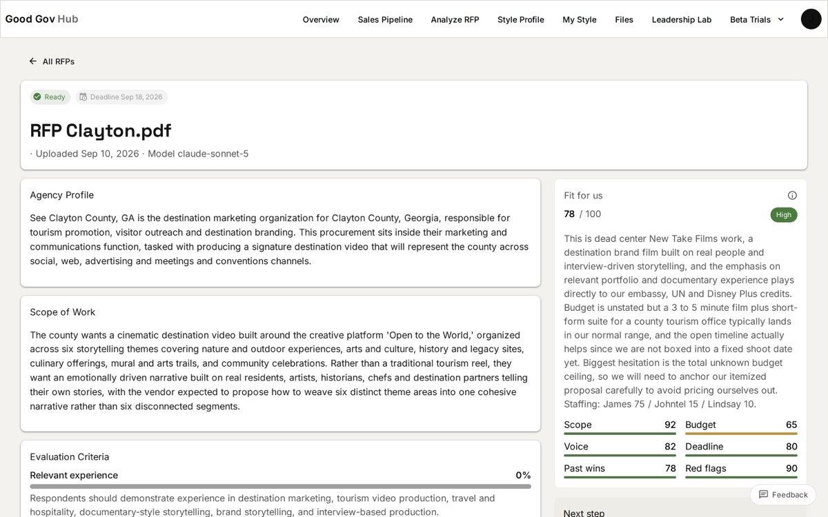 RFP fit score card in the hub