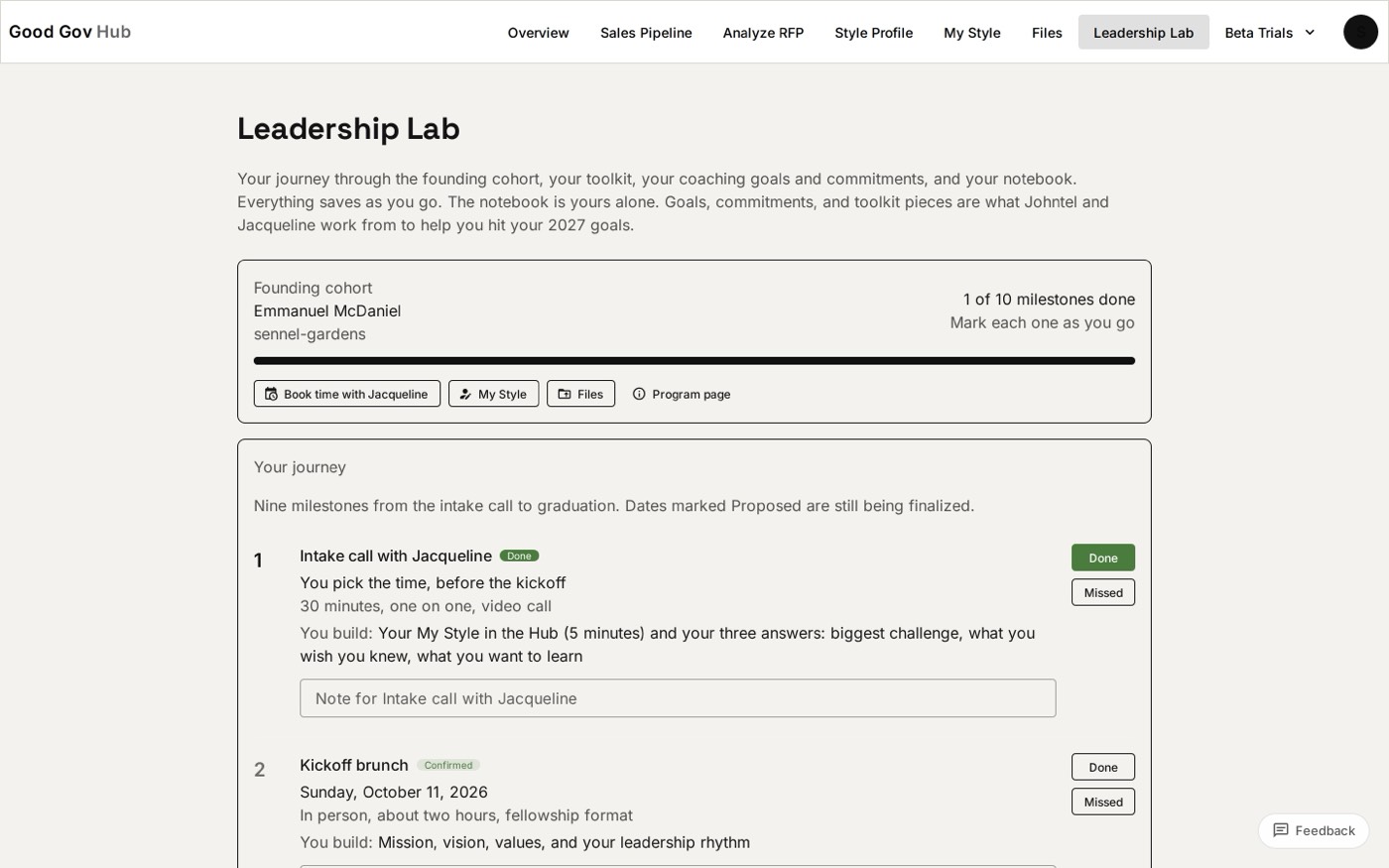 A founder's Leadership Lab page in the hub